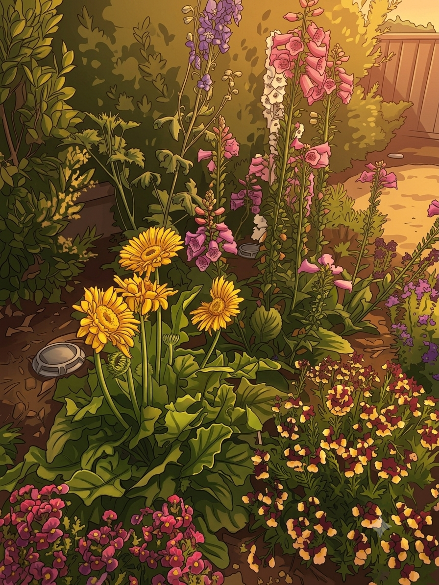 A densely planted bed of many species — yellow gerberas, pink foxgloves, purple delphinium, and red-and-yellow blooms crowded together — range that keeps one bad event from taking everything