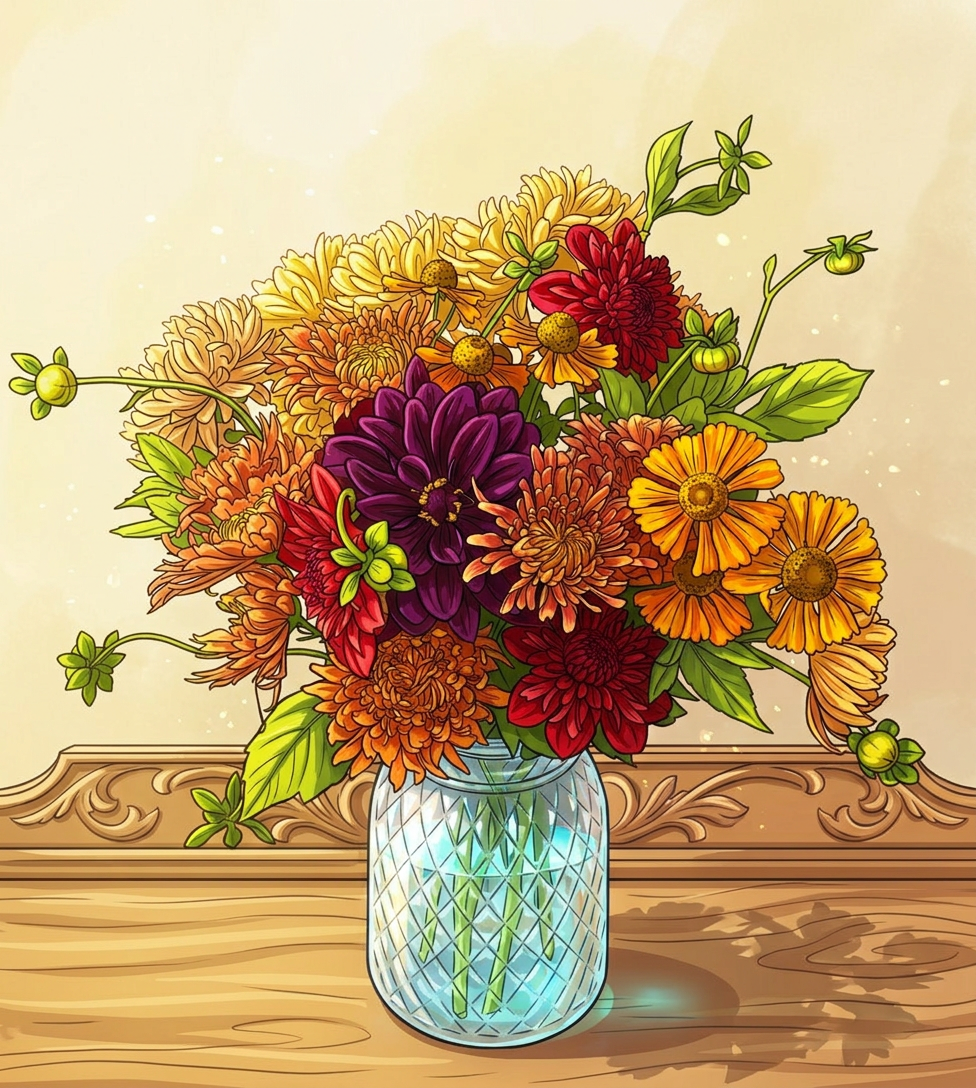 A bouquet of diverse cut flowers burgundy, orange, yellow in color, various shapes, in a vase.