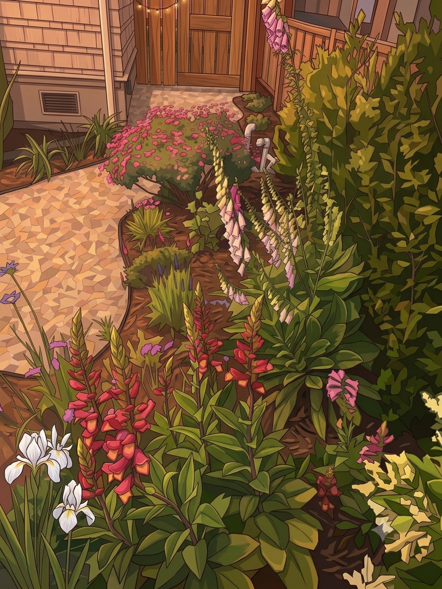 An overhead view of a mixed border along a path — pink foxgloves, red blooms, white iris, and varied foliage at different heights, many species planted together