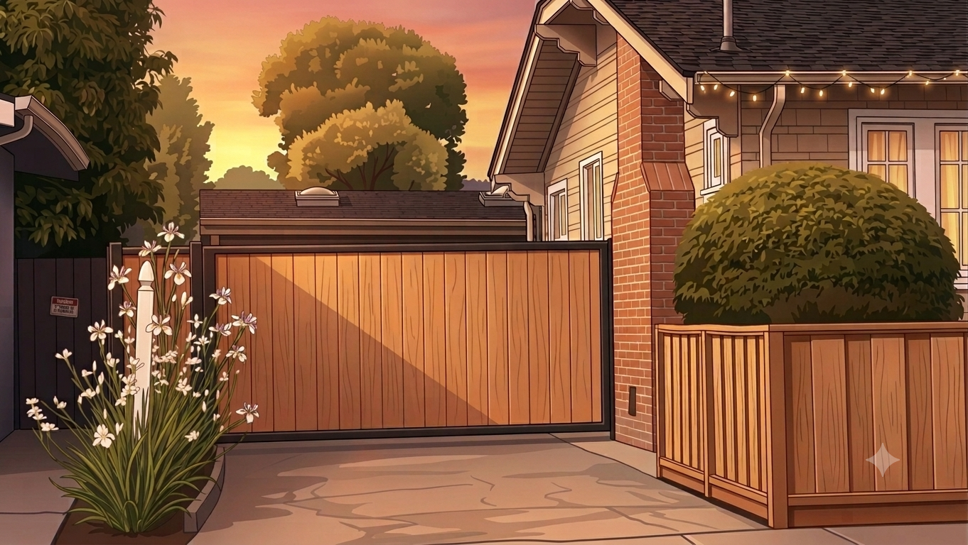 A backyard entryway at dusk — a wooden gate and fence, string lights on the house, a clipped hedge, and white African iris blooming by the drive: the once-ignored strip, now a lush entryway