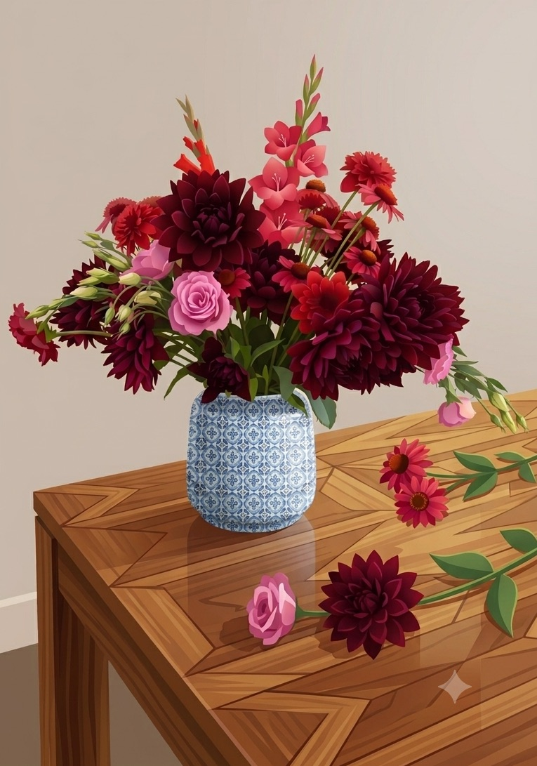A rich bouquet of deep burgundy dahlias, red chrysanthemums, pink lisianthus, and gladiolus arranged in a blue-and-white patterned vase — the best stems cut at their peak, an arrangement made on purpose